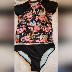 Floral Rash Guard Set - Black with Pink & Coral Blooms Size XL
